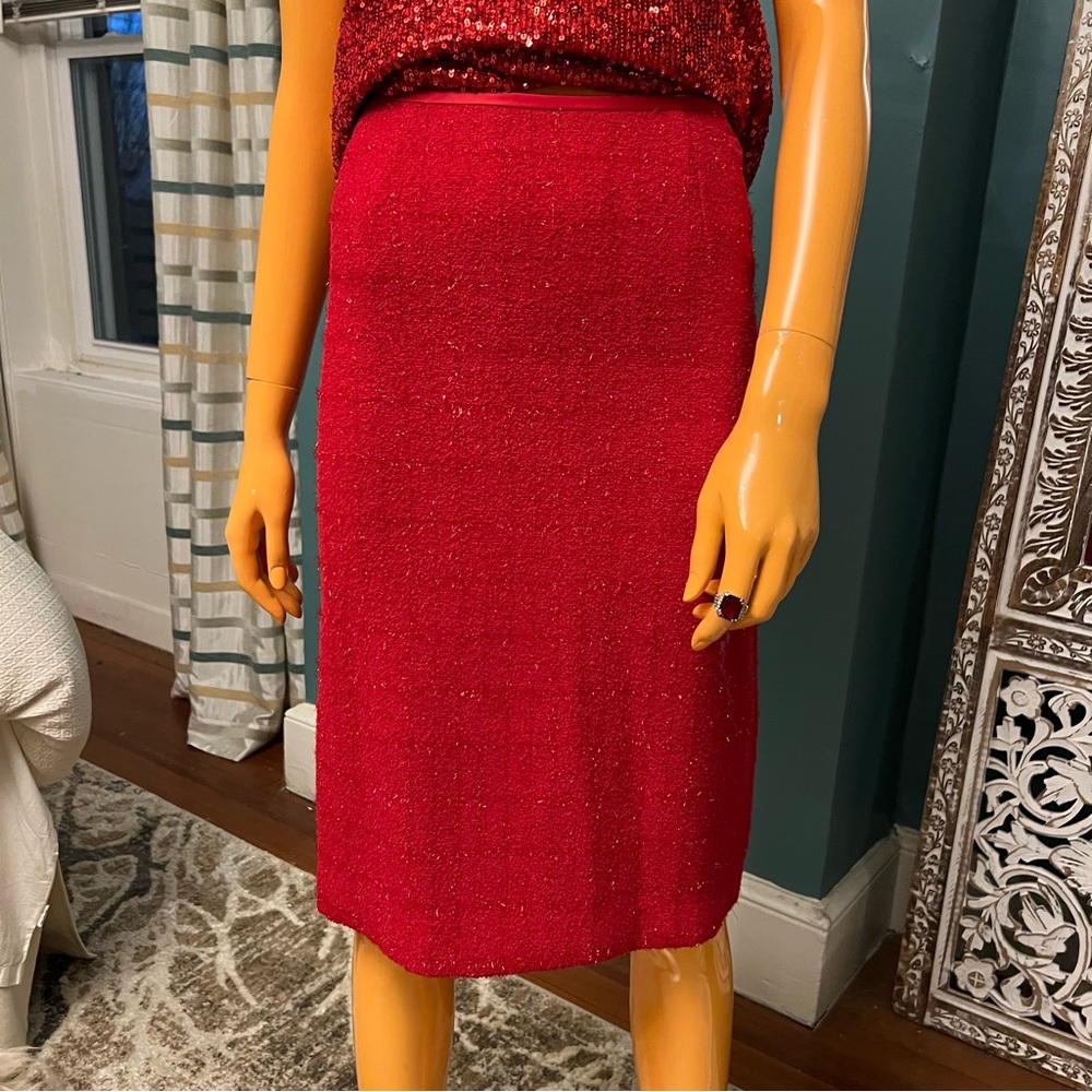 KASPER Red Sparkle Tweed Plaid Petite Skirt Suit - Picture 11 of 17